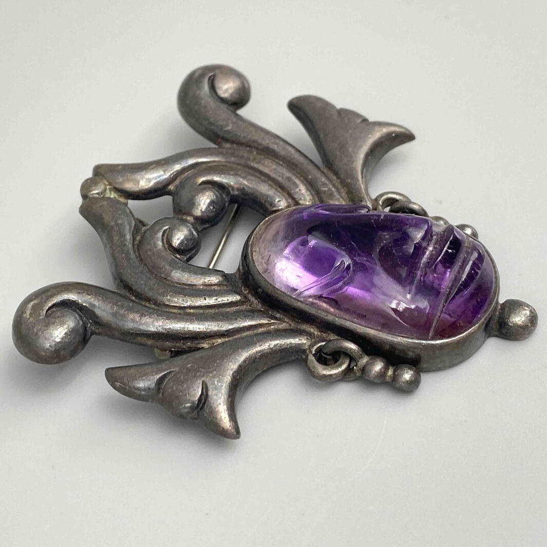 925 Sterling Silver Ballesteros Mexico Amethyst Face Pendant Pin