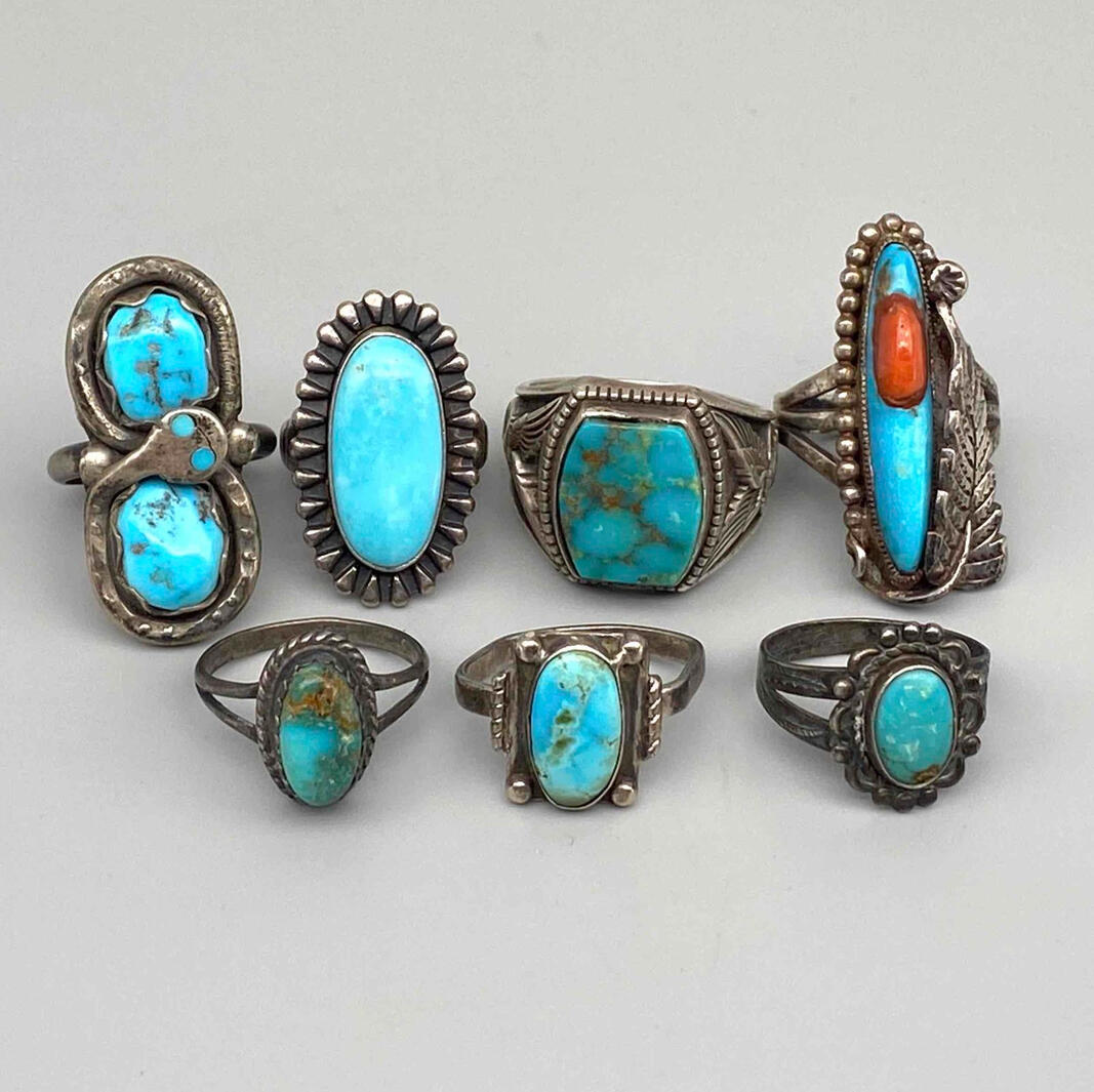 (7) 925 Sterling Silver Turquoise Rings